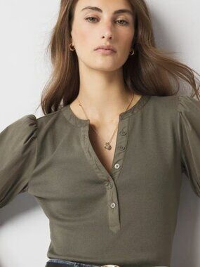 White House Black Market WHBM Poplin Puff-Sleeve Henley Blouse L — NWT